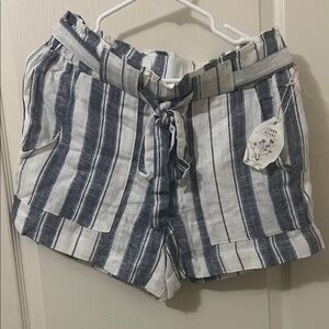 Striped Linen Blend Women’s Shorts — Blue & White